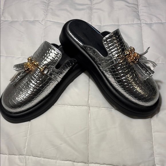 Silver and Gold Tassel Mules with Chunky Platform Sole - Picture 1 of 10